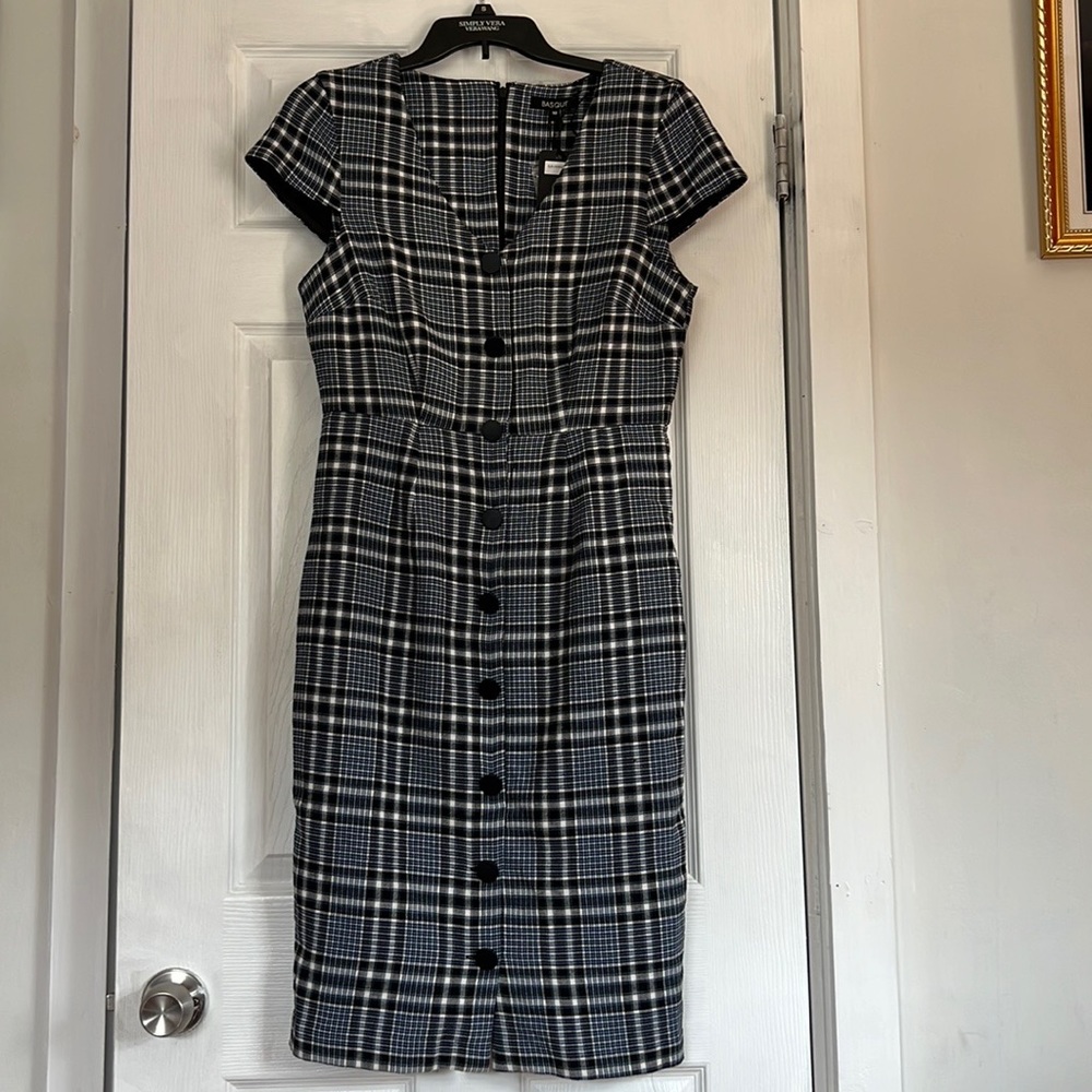 Basque Womens Midi Dress Blue Black plaid Size 10 Cap Sleeves Cotton Blend NWT - Picture 4 of 15